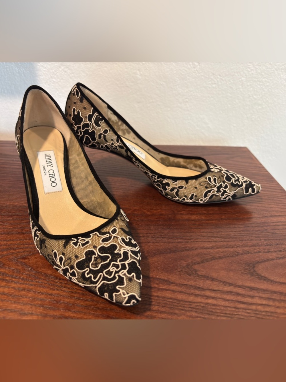 Jimmy Choo Black and Cream Floral Lace Pointed-Toe Pumps